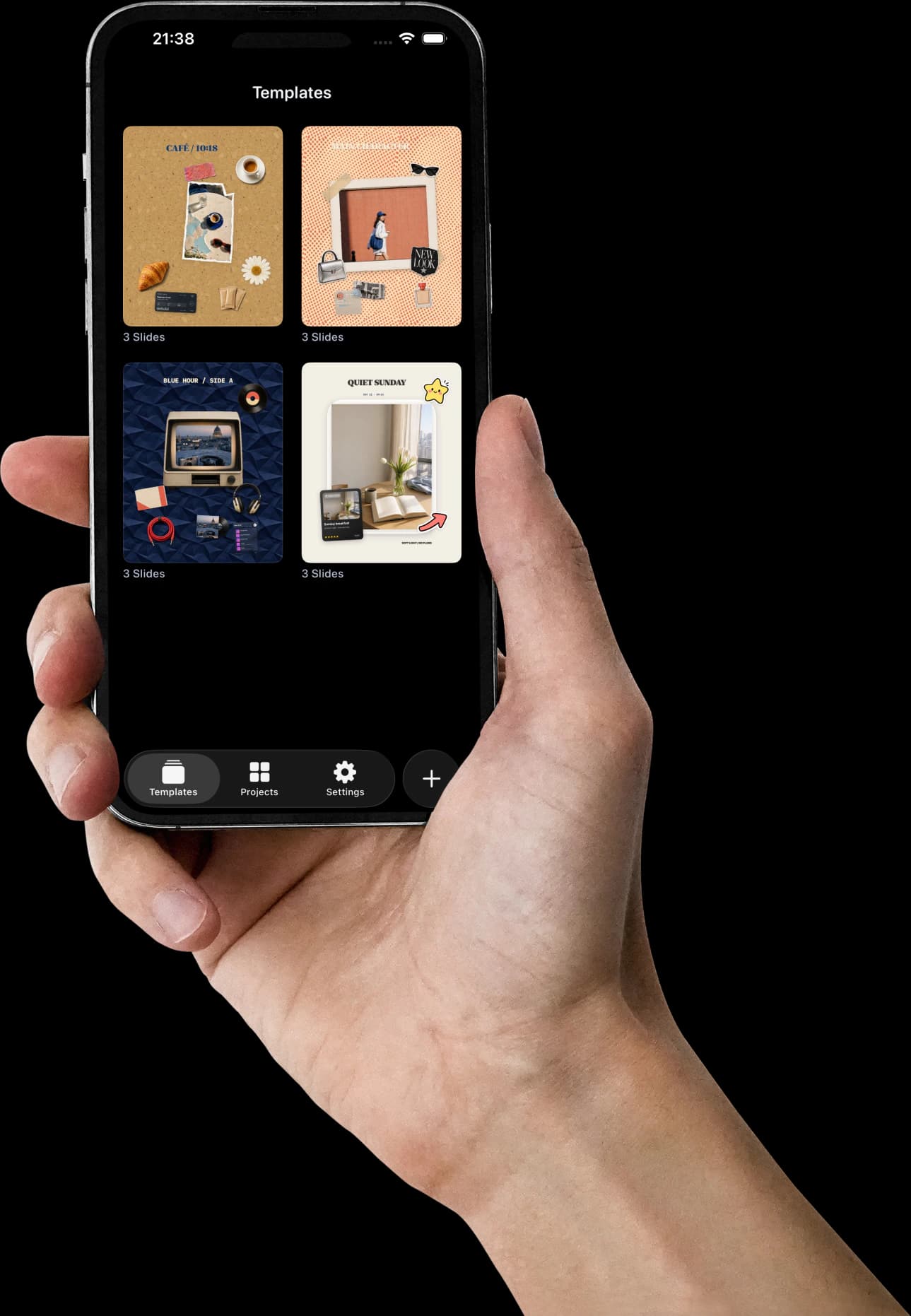 NowPrism carousel templates shown on an iPhone held in hand